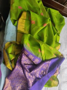 Silk Cotton Saree In Green And Purple
