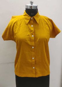 Women Mustard Spread Collar Short Sleeve Shirt
