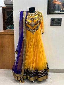Yellow Anarkali With Blue Duppata