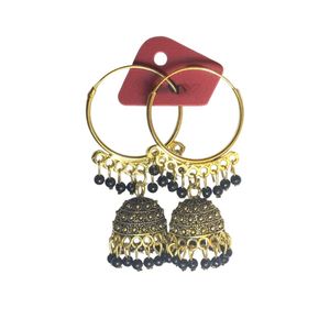 Gold Plated Black Beads Hoop Jhumka Earrings