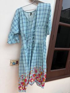 Blue Plaid Dress with Floral Hem
