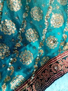 Teal &amp; Gold Embroidered Sari
