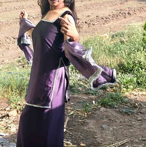 Elegant Purple plazo kurti with Silver Border for