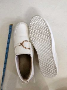 White Leather Loafers with Golden Buckle