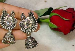Silver Tone Peacock Jhumka Earrings