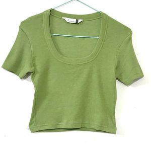 Green Ribbed Scoop Neck Top