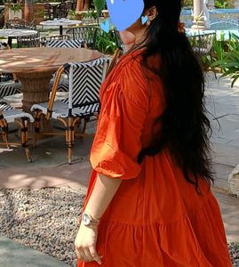 Orange Puff Sleeve / V Neck Midi Dress For Women