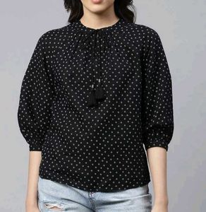 Black linen cotton floral print tie-up neck town