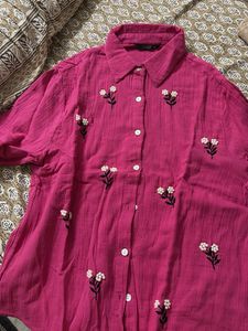 Pink Floral Embroidered Shirt
