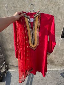 Red Embroidered Kurti With Salwar And Dupatta.