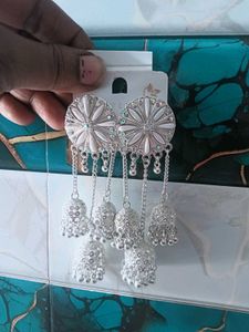 three long Elegant Silver Jhumka Earrings