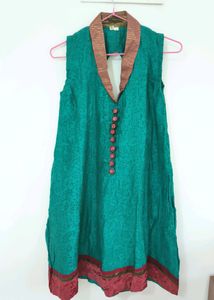 Collar neck Turquoise Kurta With Red Velvet Border