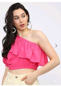 Pink One Shoulder Ruffles Crepe Crop Top