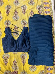 Crushed/Pleated Satin Blue Saree &amp; Blouse Set