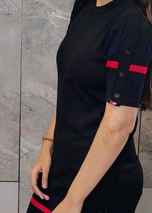 Sporty Black Mini Dress with Red Stripes