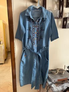 Embroidered Denim Dress with Belt