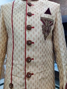 Men Sherwani Dhoti Stitched Set -Cream &amp; Maroon