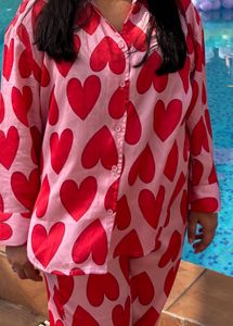 Heart Print Pajama Set For Night Wear