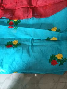 Blue With Red Floral Design ChanderiCotton Saree