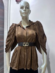 Brown Puff Sleeve Top (without Belt)