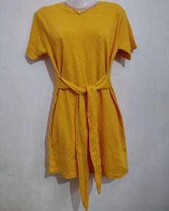 Korean Mustard Knee Length Short Dress (Women)