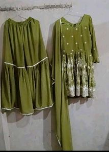 Olive Green Embroidered Garara Kurti with Dupatta