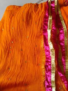 Orange Embroidered Suit With Dupatta