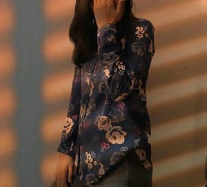 Floral Print Long Sleeve Blue Shirt