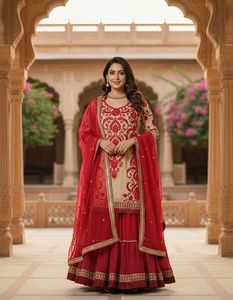 Elegant Red Embroidered Kurta skirt  Set