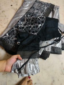 Black &amp; Silver Embellished Sari With Designer Blou