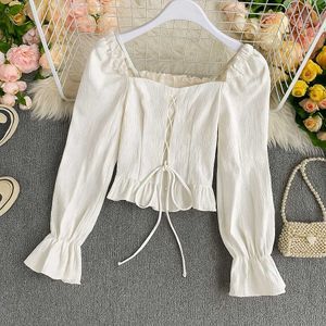 Elegant long sleeve Lace tie white top for women ✨