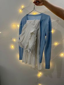 Cute White Dress with Blue Cardigan