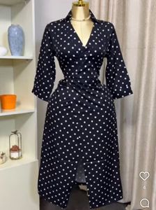 Navy Polka Dot Tie-Neck Midi Dress