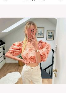 Zara Embroidered Voluminous Puff Sleeve Crop Top B