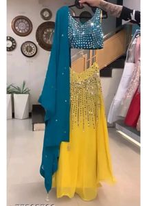 Swiched Yellow Lahenga Blue Blouse With Dupatta
