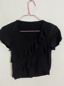 Black Ruffle Fitted Top