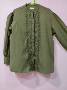 Olive Green Shirt-Style Top with Lace &amp; BellSleves