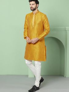 House Of Pataudi Men Mustard Woven Design Kurta