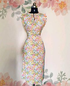 Imported Floral Midi Dress with Ruffle Sleeves