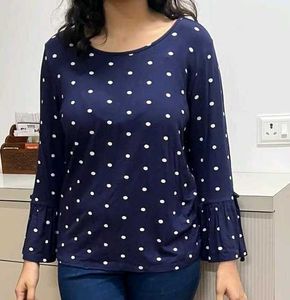 Chic Navy Blue Polka Dot Top with Bell Sleeves