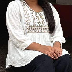 Embroidered White Top Short Kurti Size M