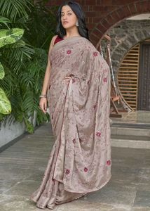 Beige Georgette floral embroidered saree without b