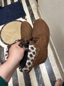 Brown Ankle Boots with Leopard Detail