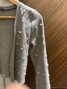 ZARA Grey Pearl Embellished Cardigan