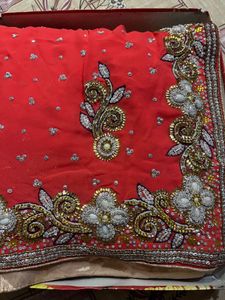 Elegant Orange Embellished Saree With Blouse
