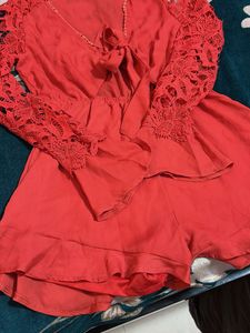 Coral Lace Sleeve Romper