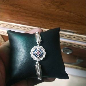 Pure Silver Pink&amp;Blue CZ Stone Adjustable Bracelet