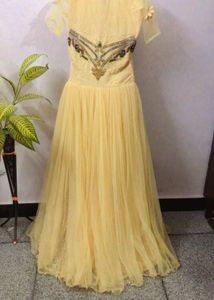 Elegant Gold Embroidered Net Evening Gown