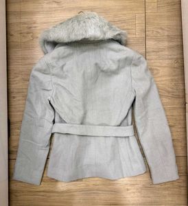 Korean Cream Fur Collar Belted Coat
