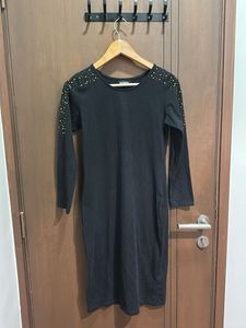 Black Bodycon Dress with Gold Studs – Size S